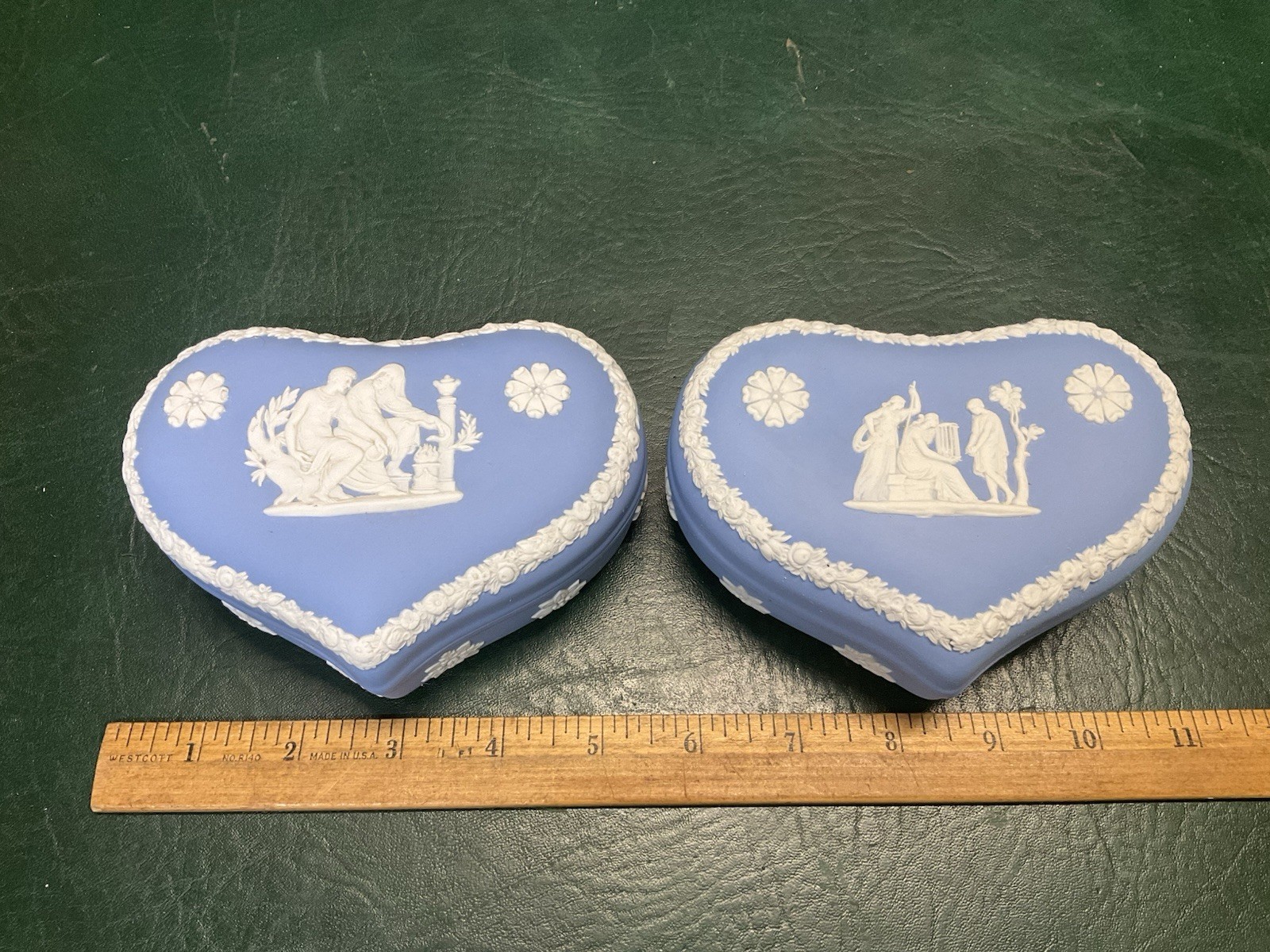 Two Wedgwood Blue Jasperware Heart Shaped Trinket Jewelry Boxes ~ England