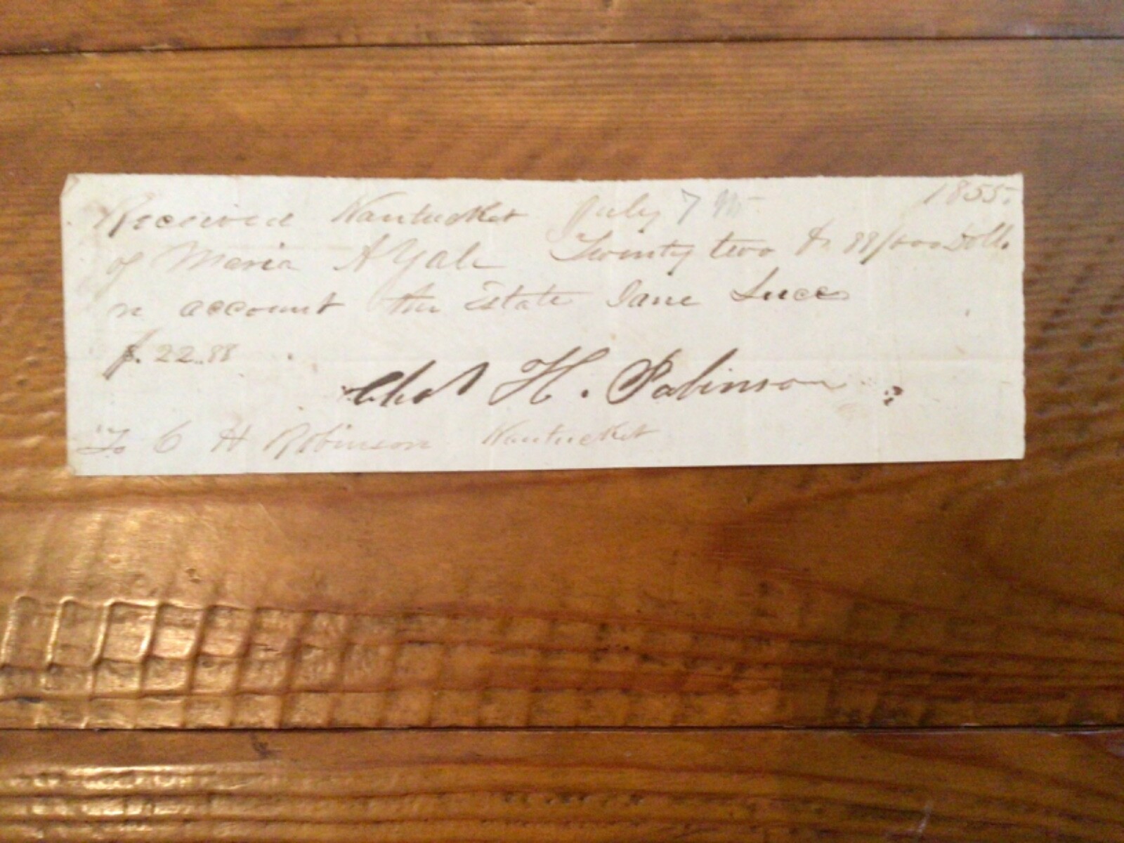 1855 NANTUCKET MA invoice signed by CHARLES H ROBINSON realtor architect builder
