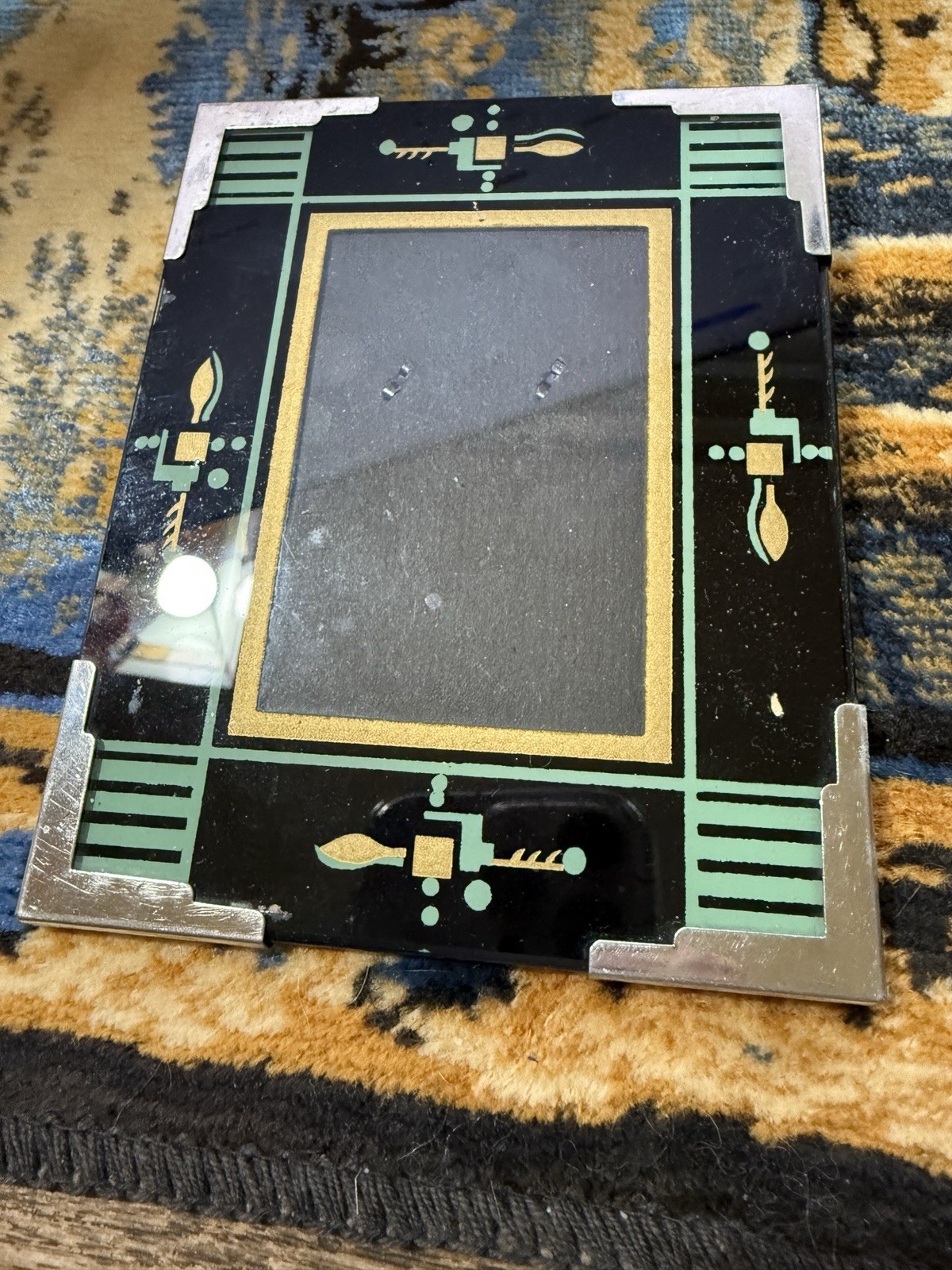 Vintage ART DECO Glass Picture Frame-GREEN-BLACK-SILVER METAL CORNERS-RARE