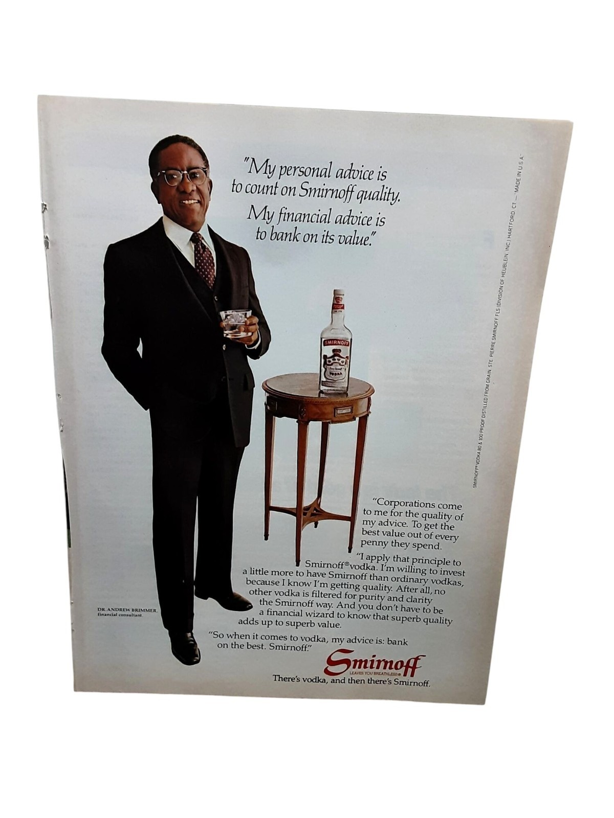 1982 Smirnoff Vodka Vintage Ad Count on Quality Bank on Value Bar Print
