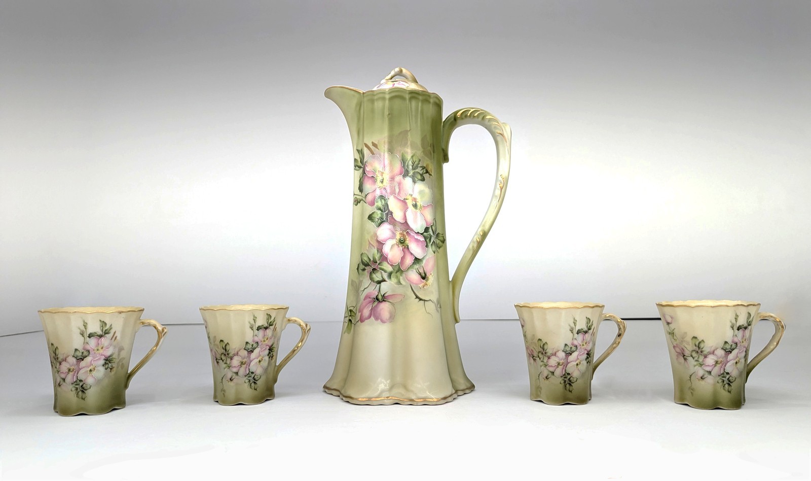 Vintage Nippon Reproduction Wildflower Chocolate Pot Set 4 Cups Nouveau Style