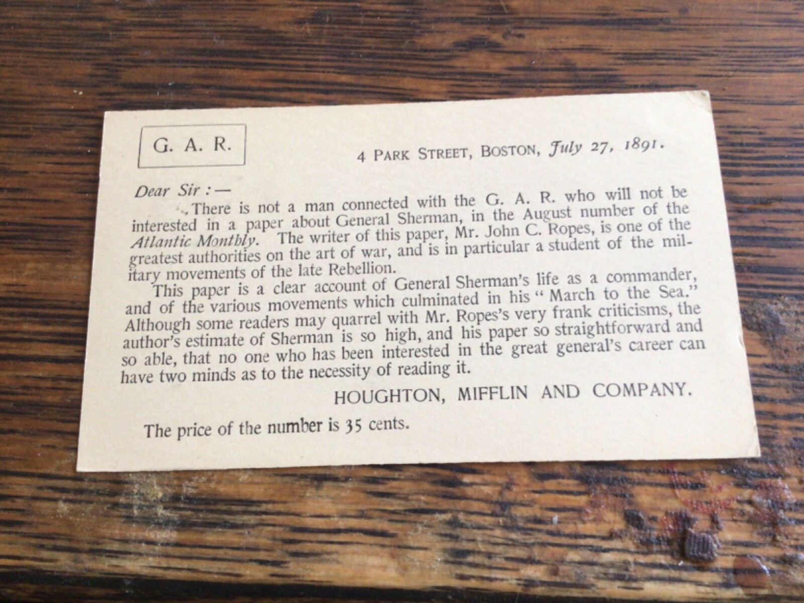 General Sherman Civil War 1891 GAR Notice of Biography in Atlantic Monthly 