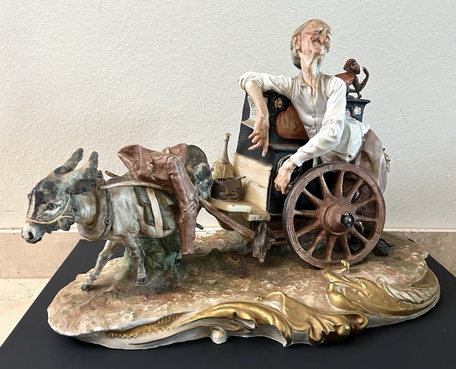 Vintage LARGE 18” Capodimonte Donkey Cart Organ Grinder Sculpture Statue ITALY