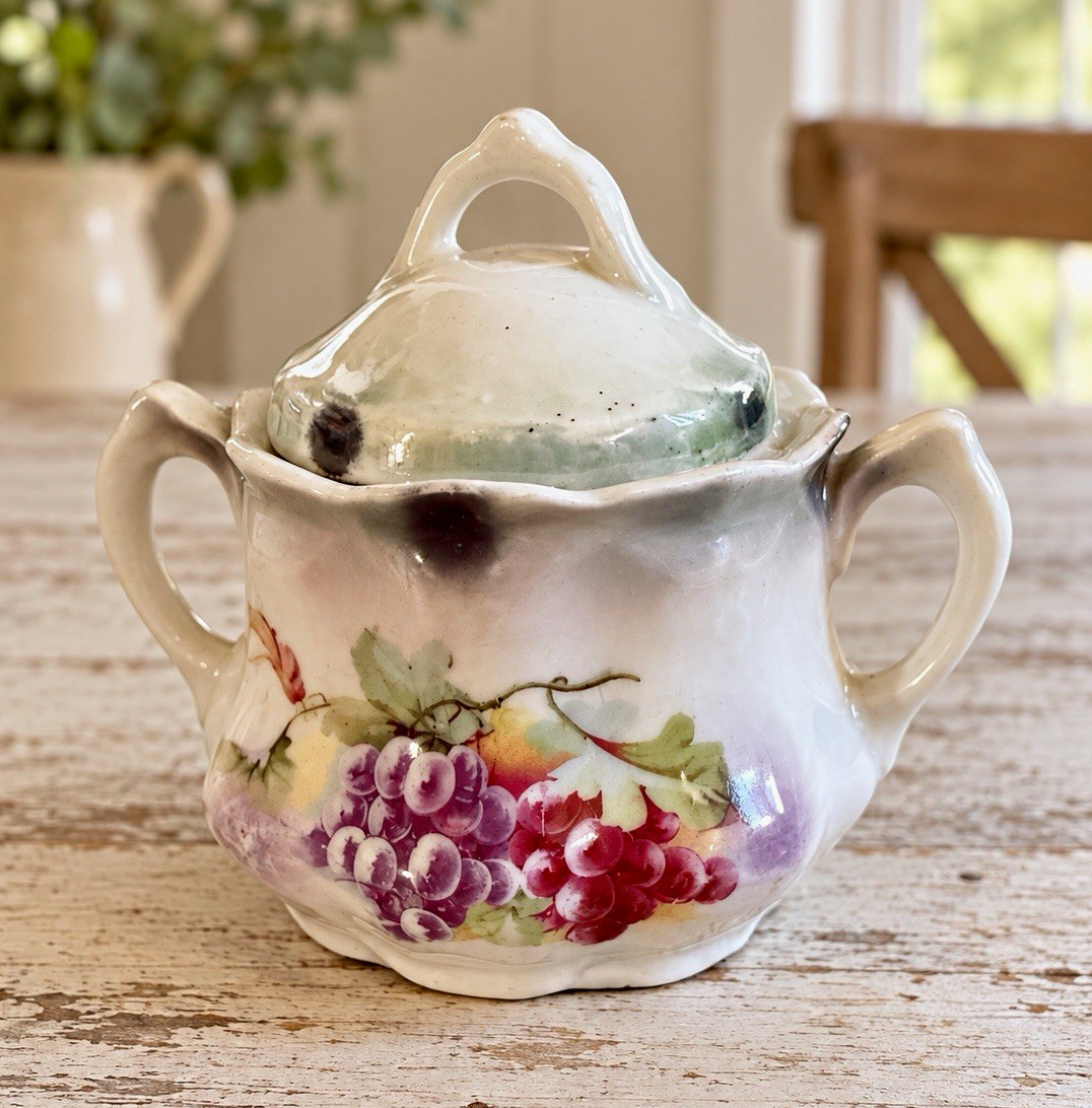 Antique Covered Sugar Bowl with Lid | Grape & Fruit Design
