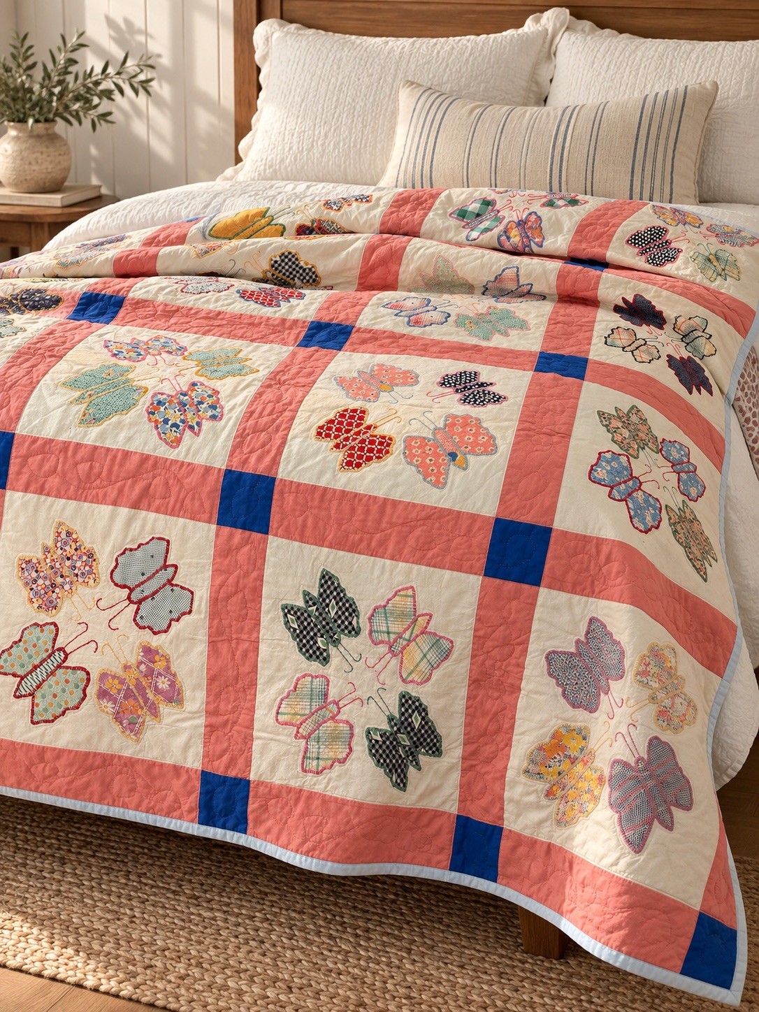 Vintage Queen 30's Butterfly Patchwork Antique Quilt, Solid Blue & Pink Accents