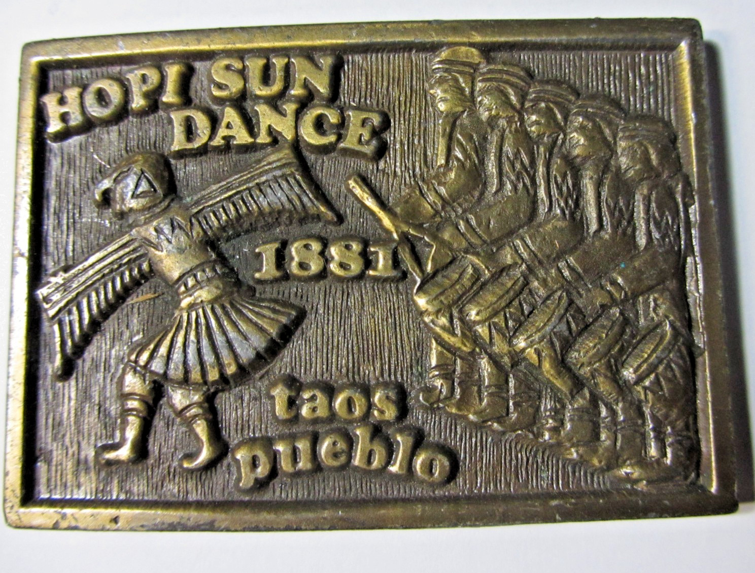 Vintage Solid Brass Belt Buckle Hopi Sun Dance 1881 Taos Pueblo              108