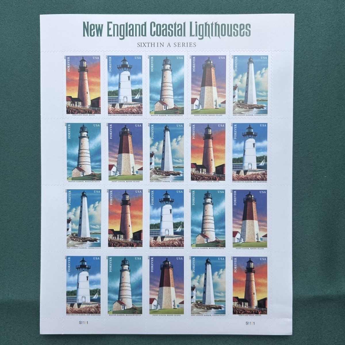 2013 USPS New England Coastal Lighthouses Forever Stamps-MNH- Sheet of 20*5