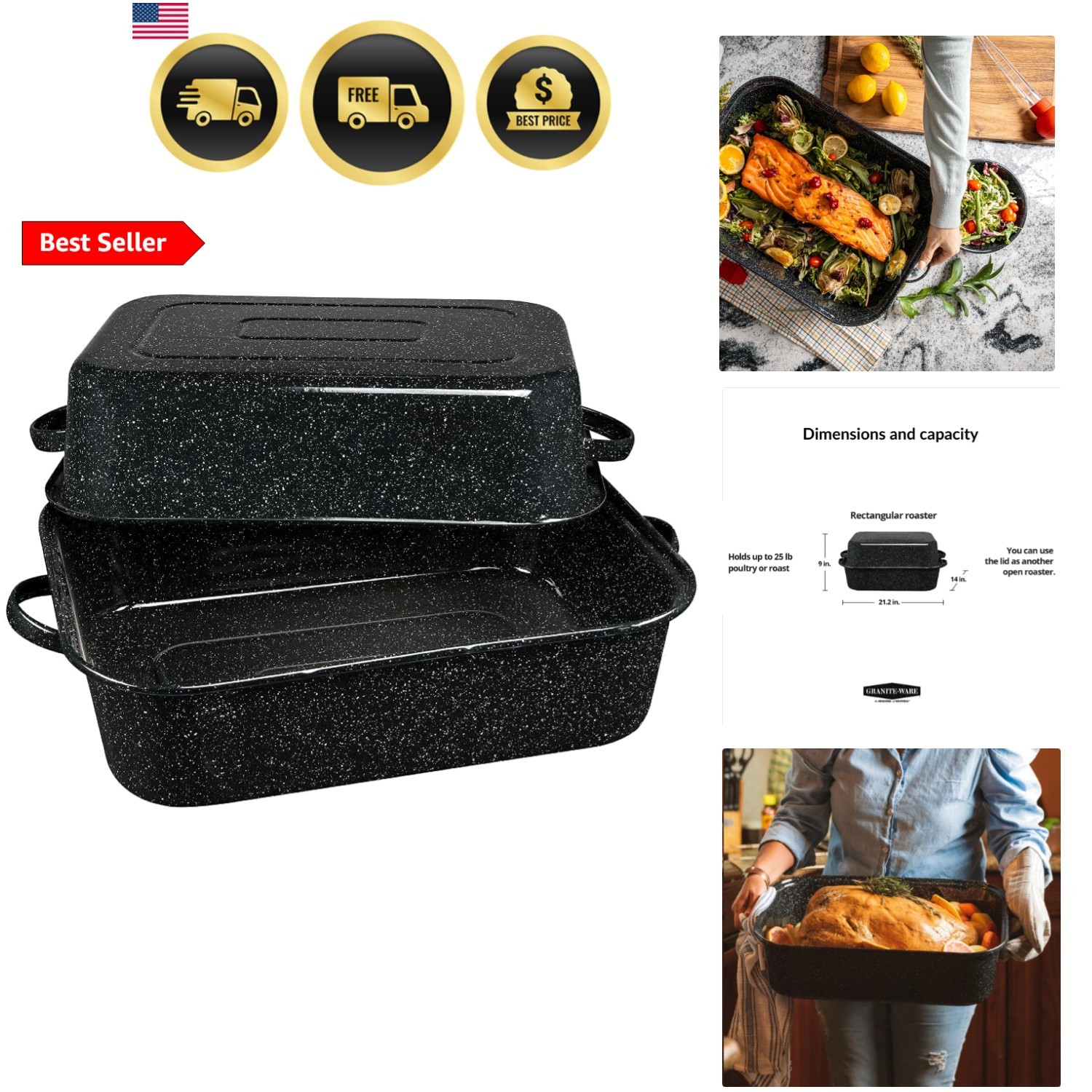 19-Inch Covered Rectangular Roaster - Enamel Steel Cookware, Nonstick & Chemi... 19-Inch Covered Rectangular Roaster - Enamel Steel Cookware, Nonstick & Chemi...