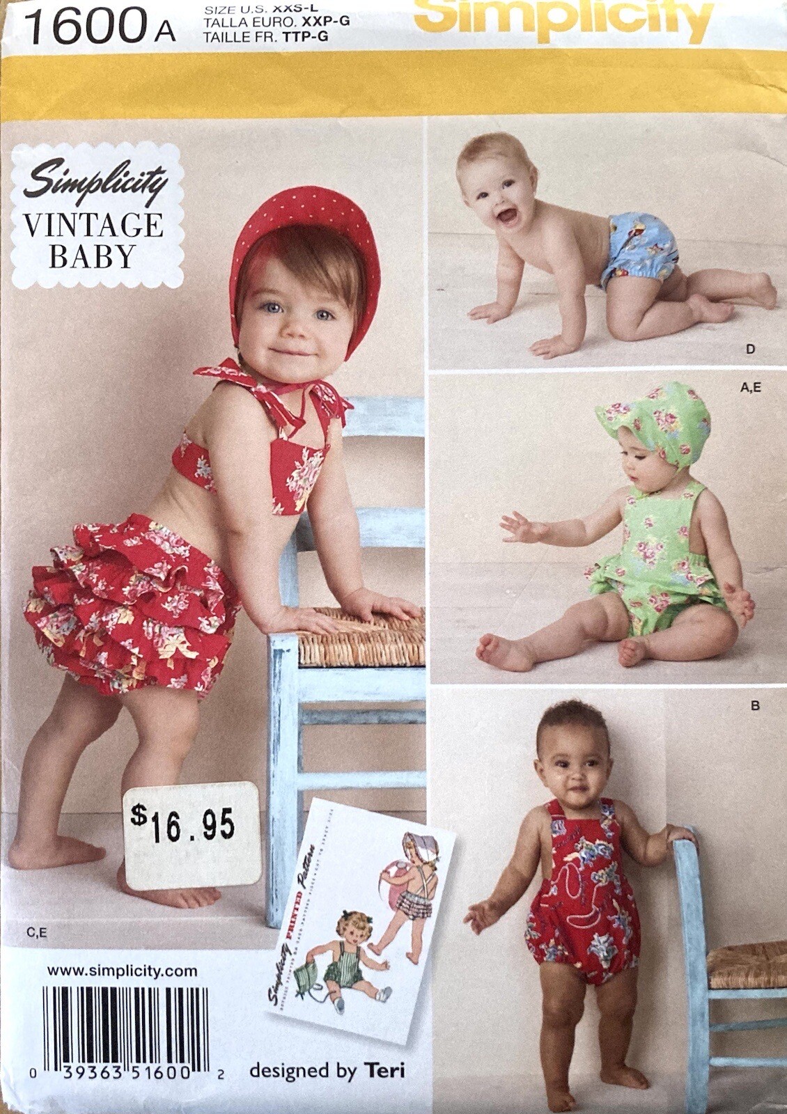 Simplicity 1600 Vintage Baby Romper Bonnet Pattern Size XXS-L Uncut Simplicity 1600 Vintage Baby Romper Bonnet Pattern Size XXS-L Uncut
