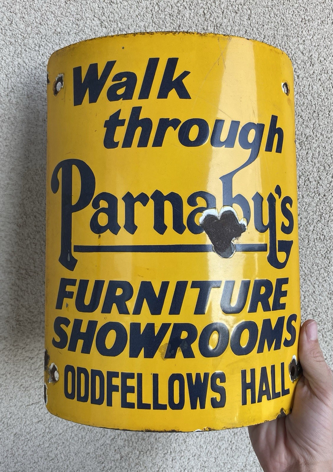 Early Porcelain Parnabys Furniture Showrooms curved pole Sign original Early Porcelain Parnabys Furniture Showrooms curved pole Sign original