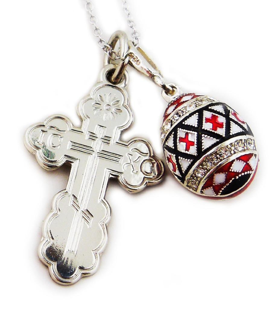 Sterling Silver Pysanky Egg Pendant St Olga Orthodox Three Bar Cross Chain SET
