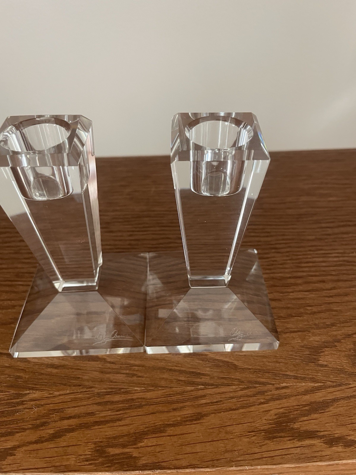 Set Of 2 Oleg Cassini Crystal Candle Holders Signed 4 Inches EUC