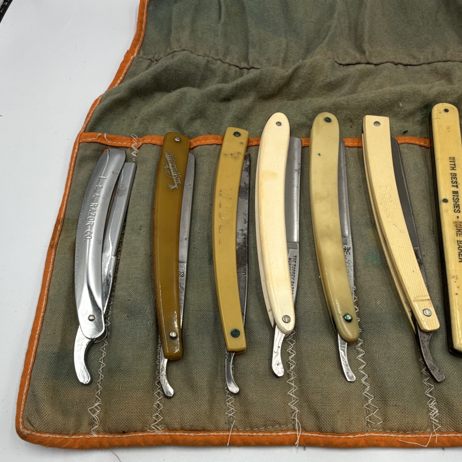 VTG Antique Straight Razor Collection Lot of 12 w/ Folding Canvas Roll Up Pouch