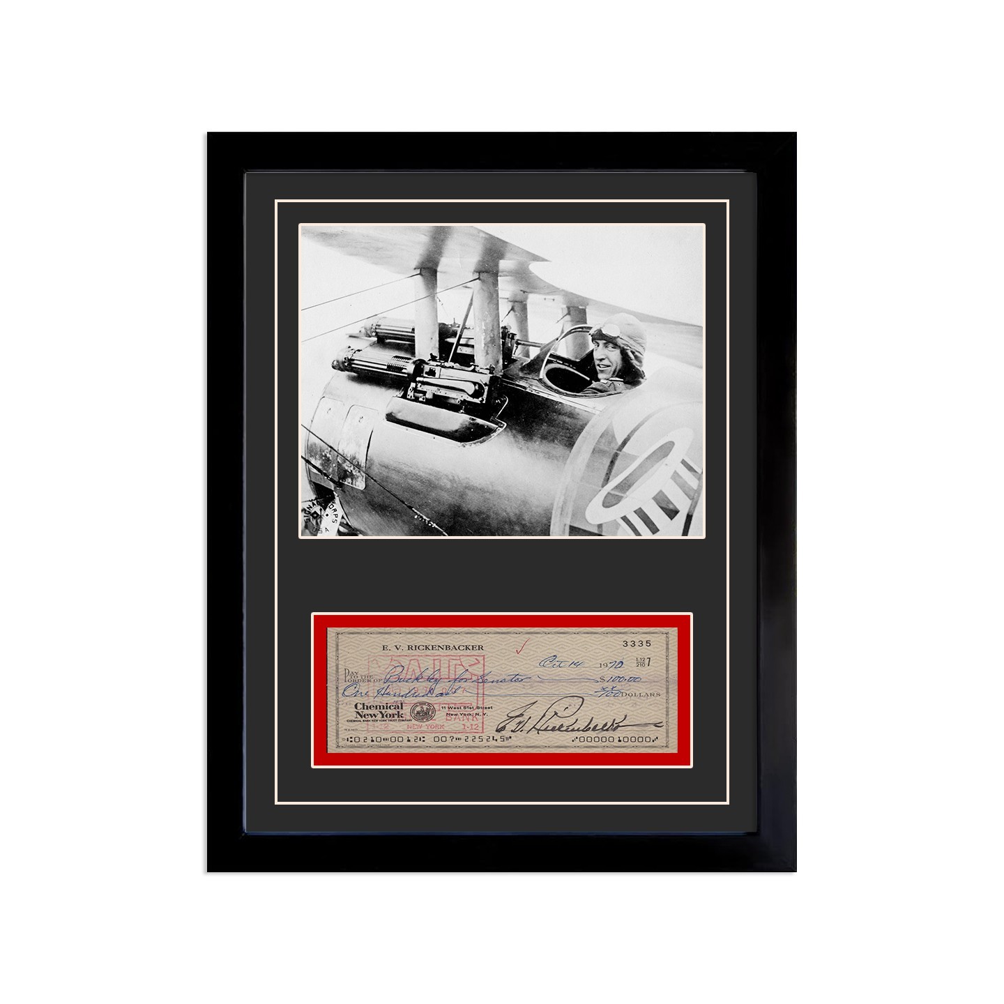 Eddie Rickenbacker Reproduction Signed Cancelled Check Framed Display Eddie Rickenbacker Reproduction Signed Cancelled Check Framed Display
