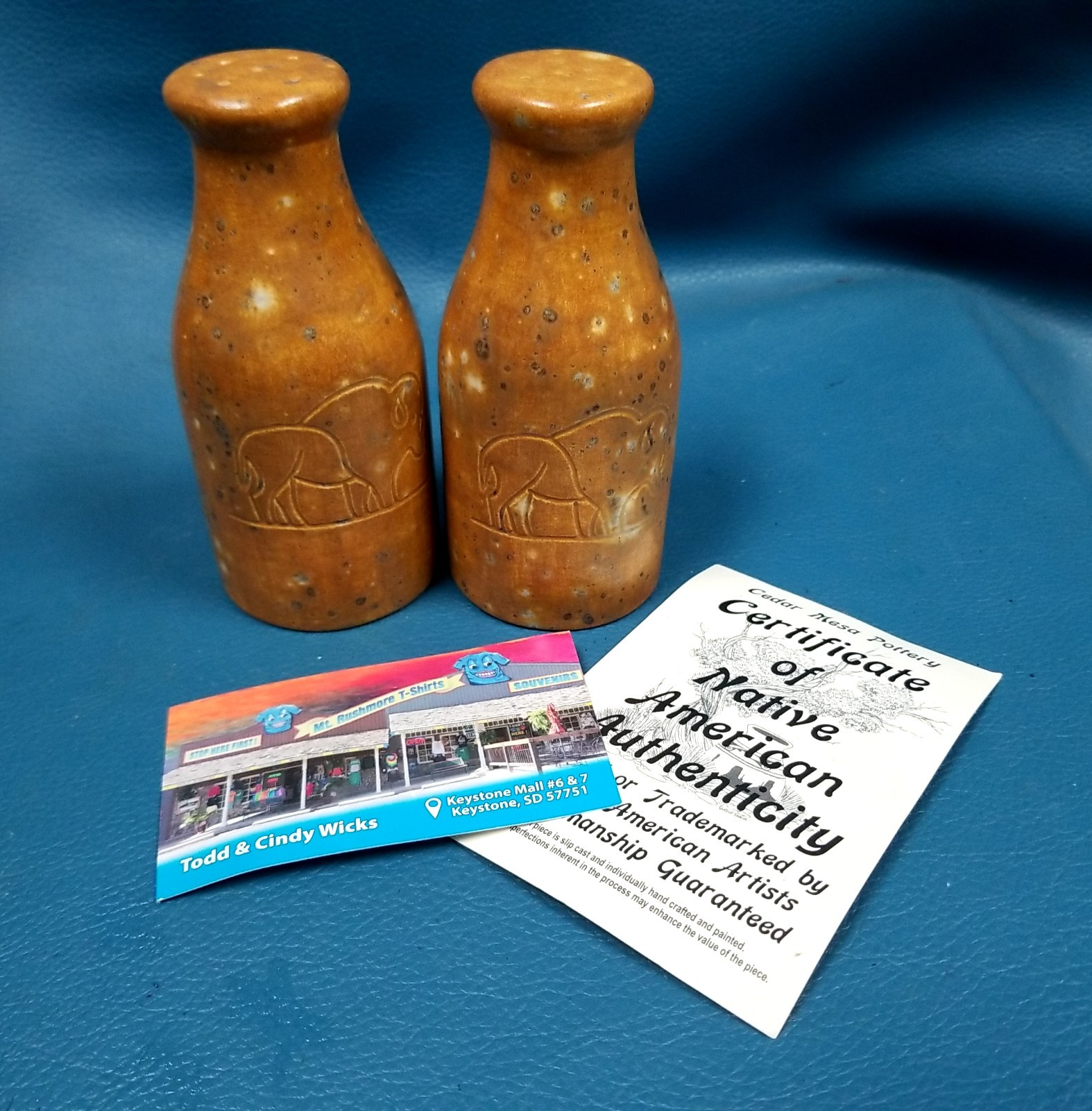 Cedar Mesa Pottery Native HandMade Ceramic Salt + Pepper Shakers w COA