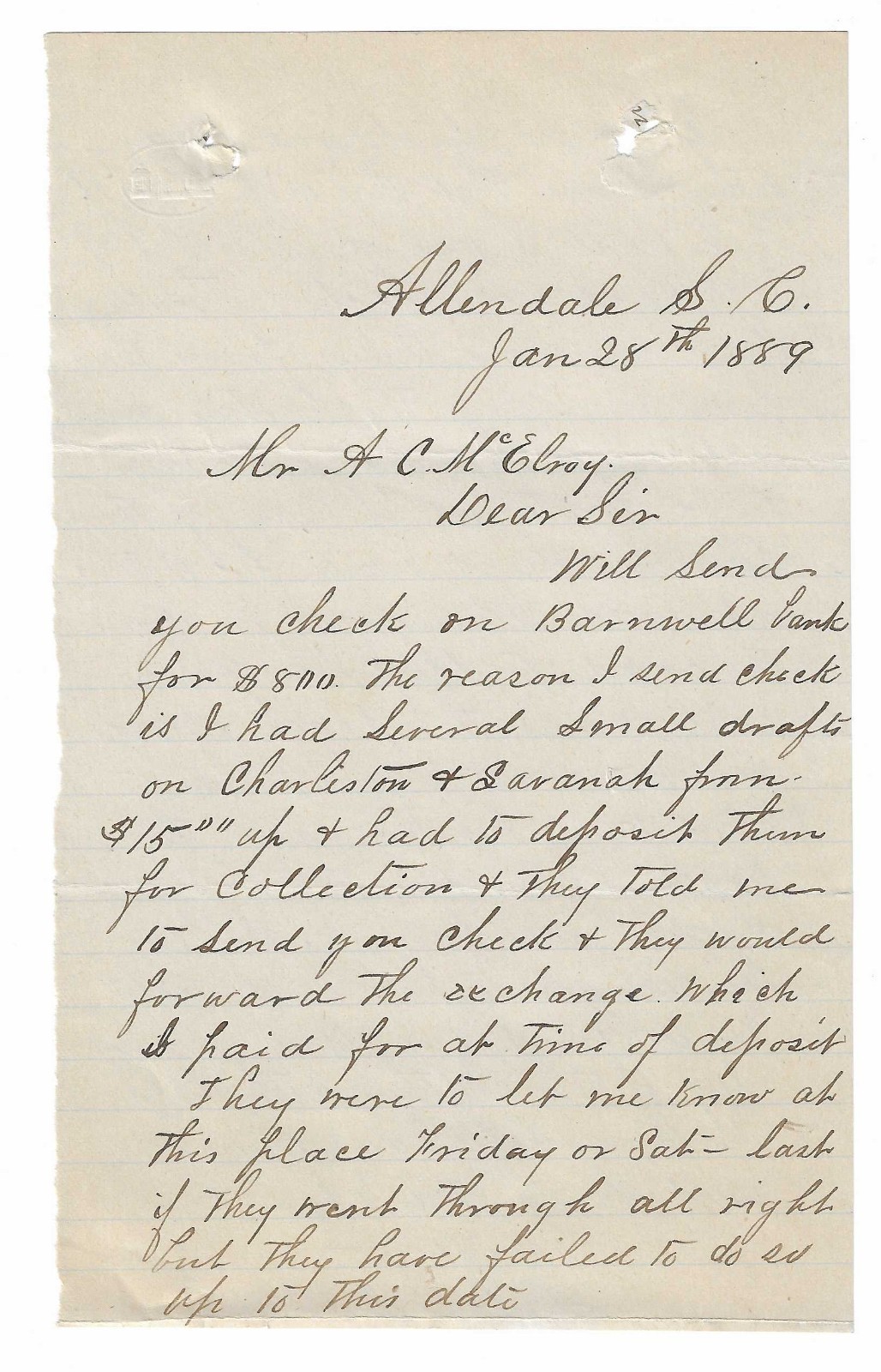 1889 Allendale SC Letter From Mayes - Money 1889 Allendale SC Letter From Mayes - Money