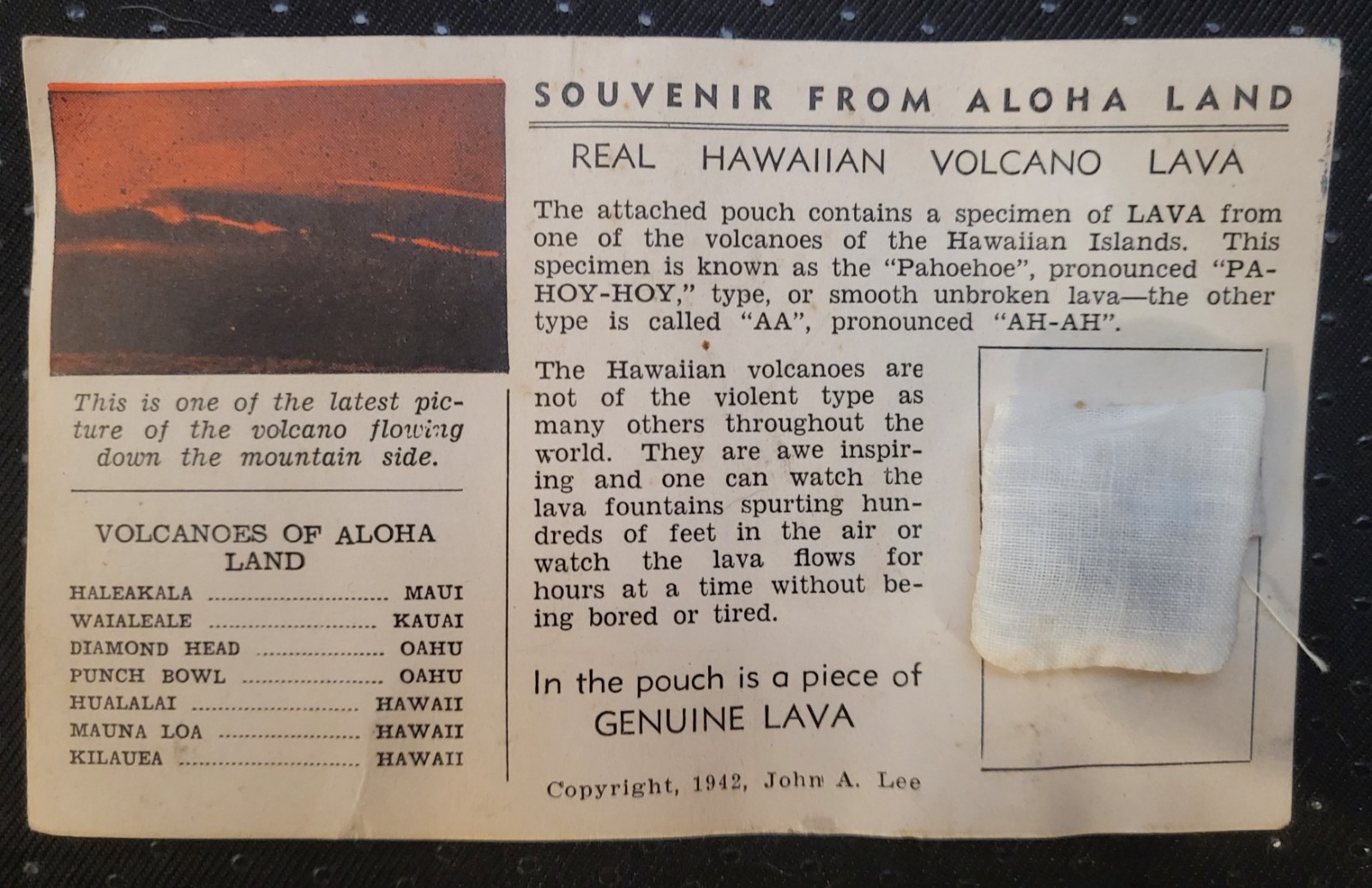 1942 Unused Hawaii Souvenir PC w / pouch of REAL Hawaiian VOLCANO LAVA