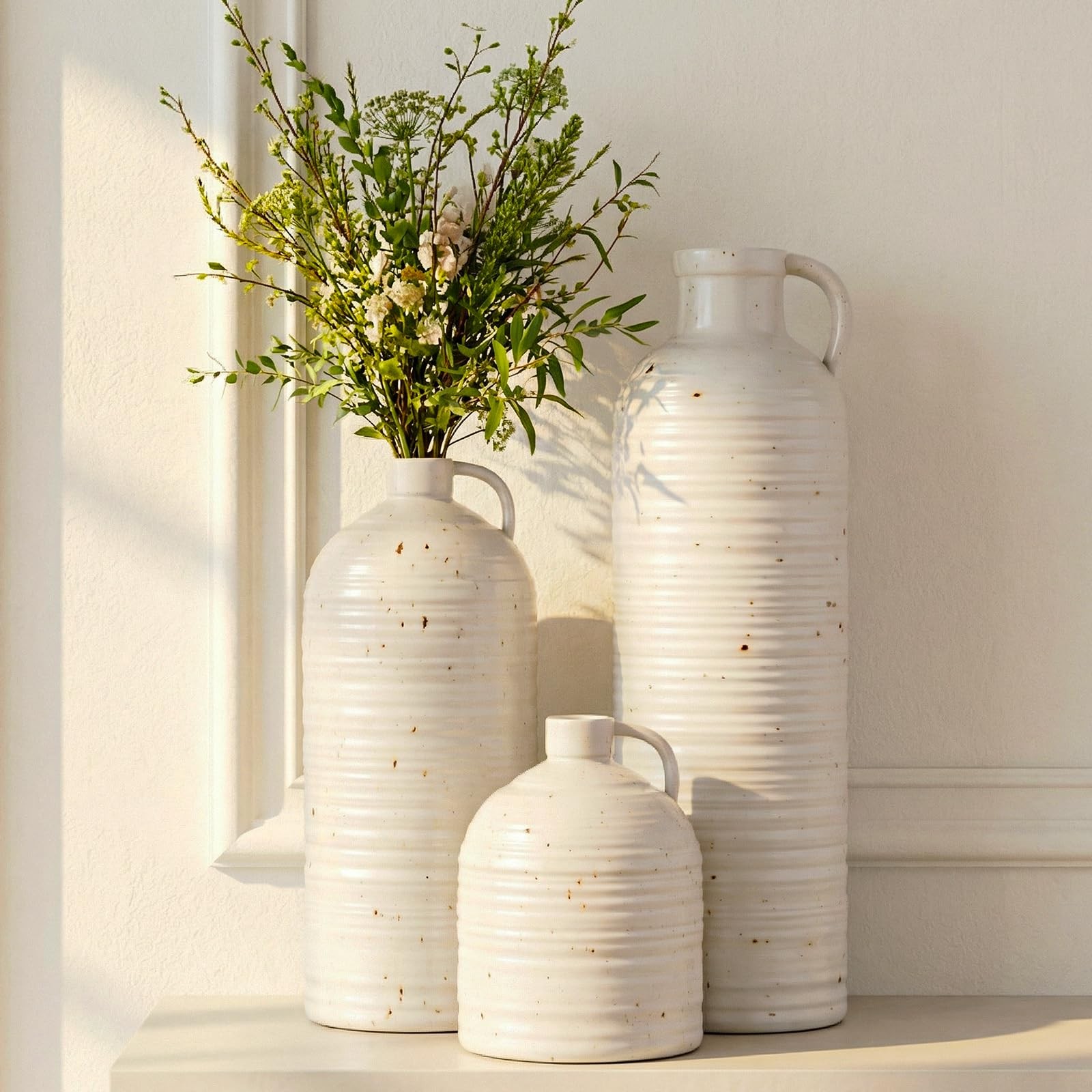 Firehold Ceramic Vase Set of 3 w/Handles - White