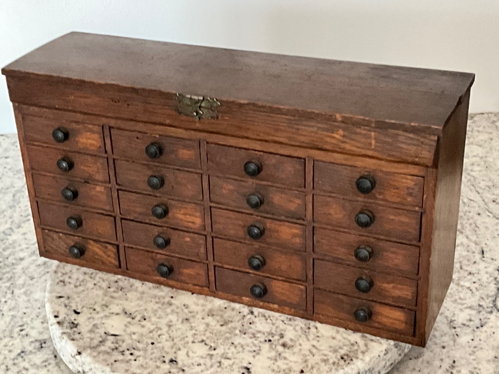 Antique Oak Watchmaker Chest Box complete w/ 36 jars Apothecary Cabinet Jewelry
