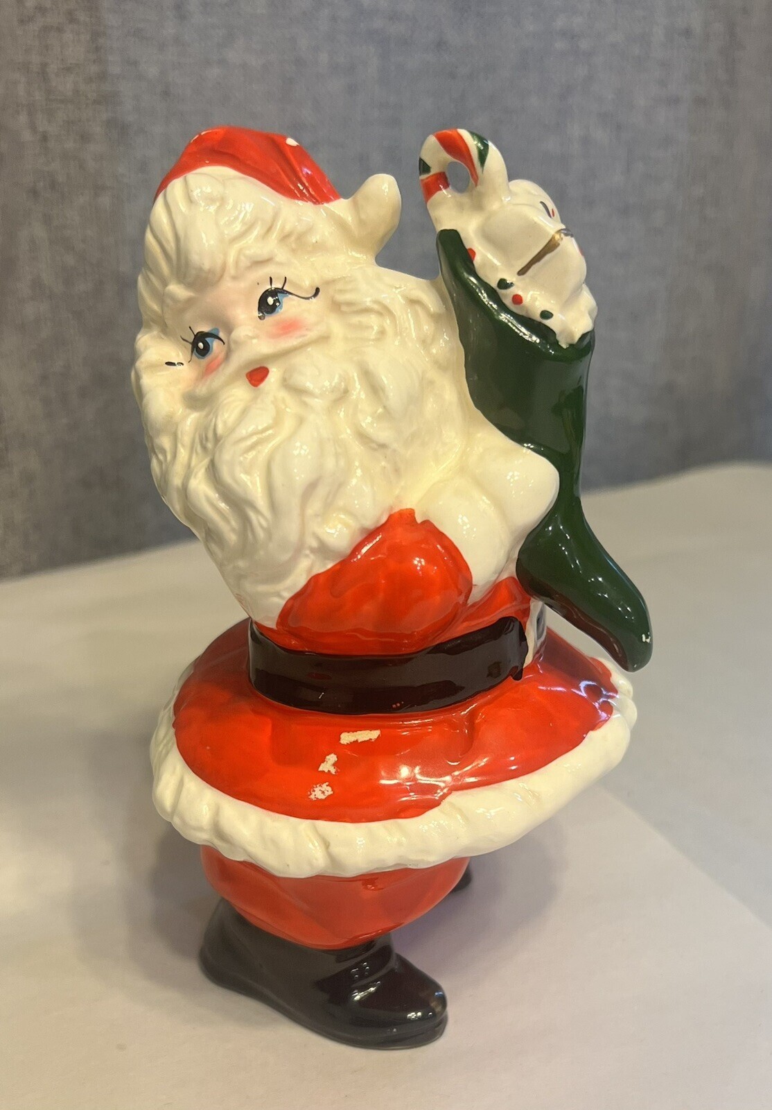 Vintage Blue-Eyed Santa with Green Stocking Hand Painted from Japan Christmas