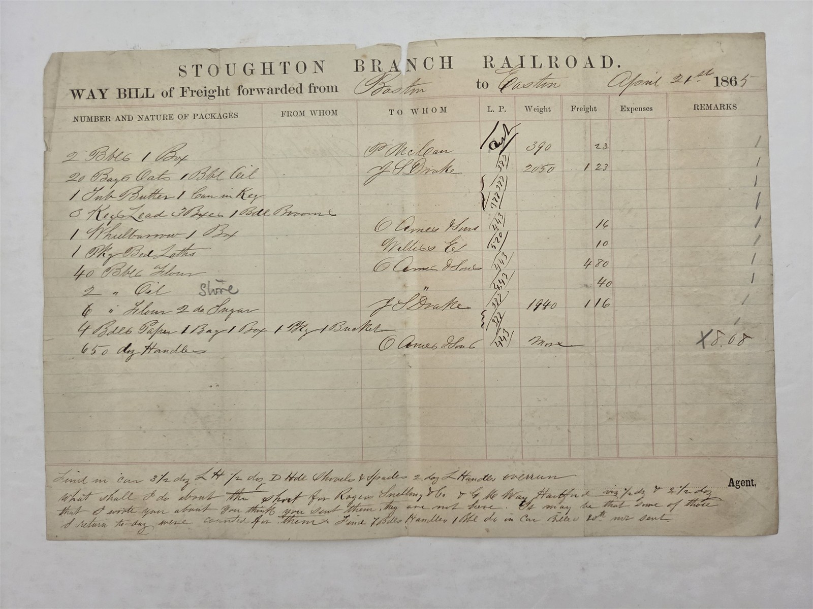 1865 antique STOUGHTON BRANCH RR boston ma WAY BILL OATS FLOUR MERCHANDISE