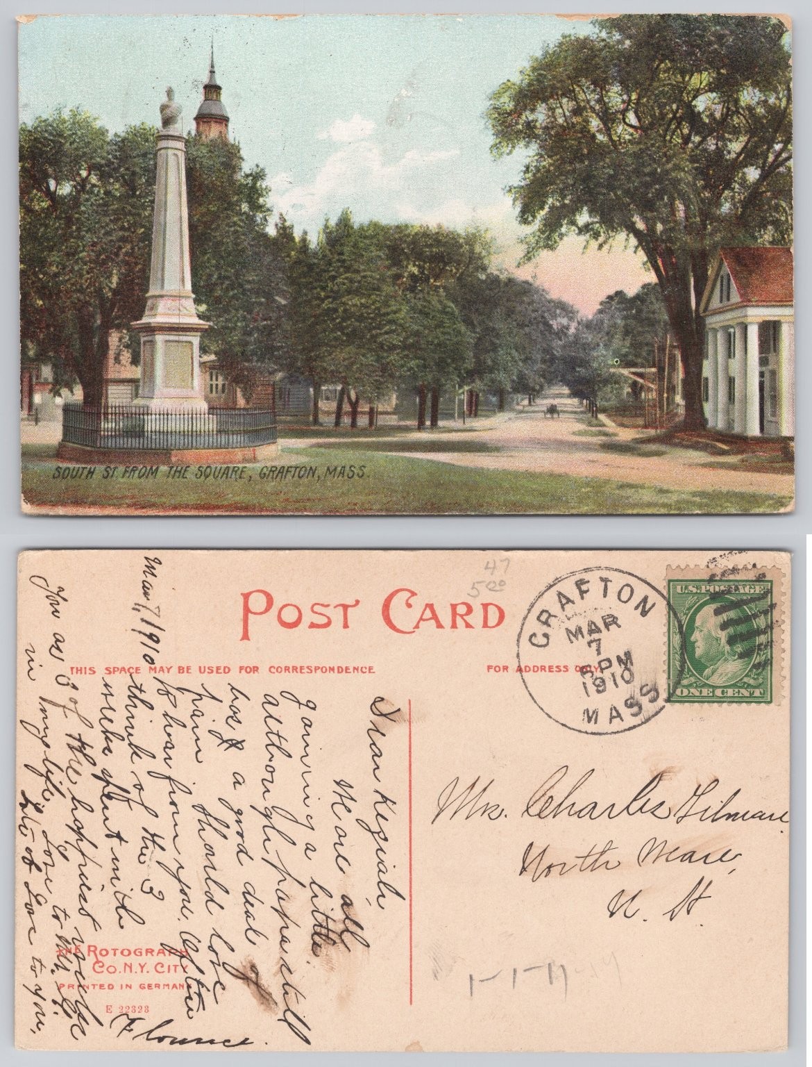 1910 Grafton MA South St The Square Obelisk Monument Rotograph Postcard
