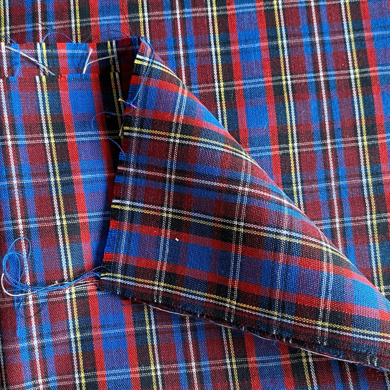 2.5 YD Vintage Plaid Shirting Fabric Blue Polycotton