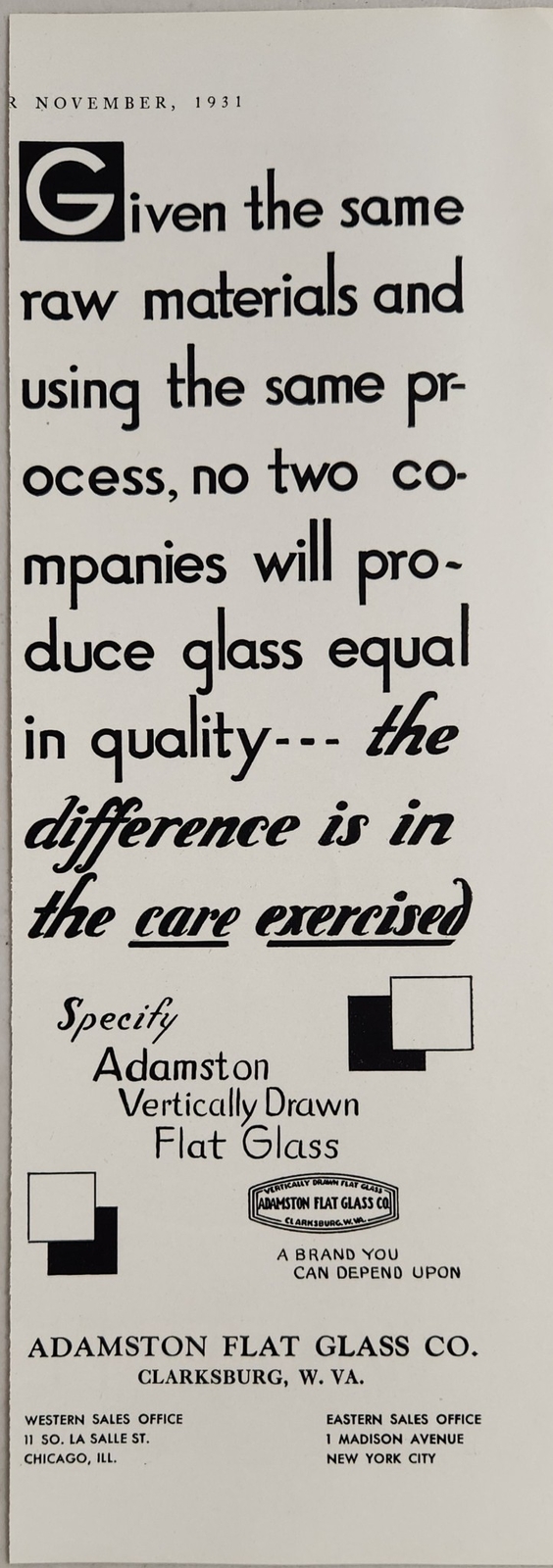1931 Print Ad Adamston Vertically Drawn Flat Glass Clarksburg,West Virginia