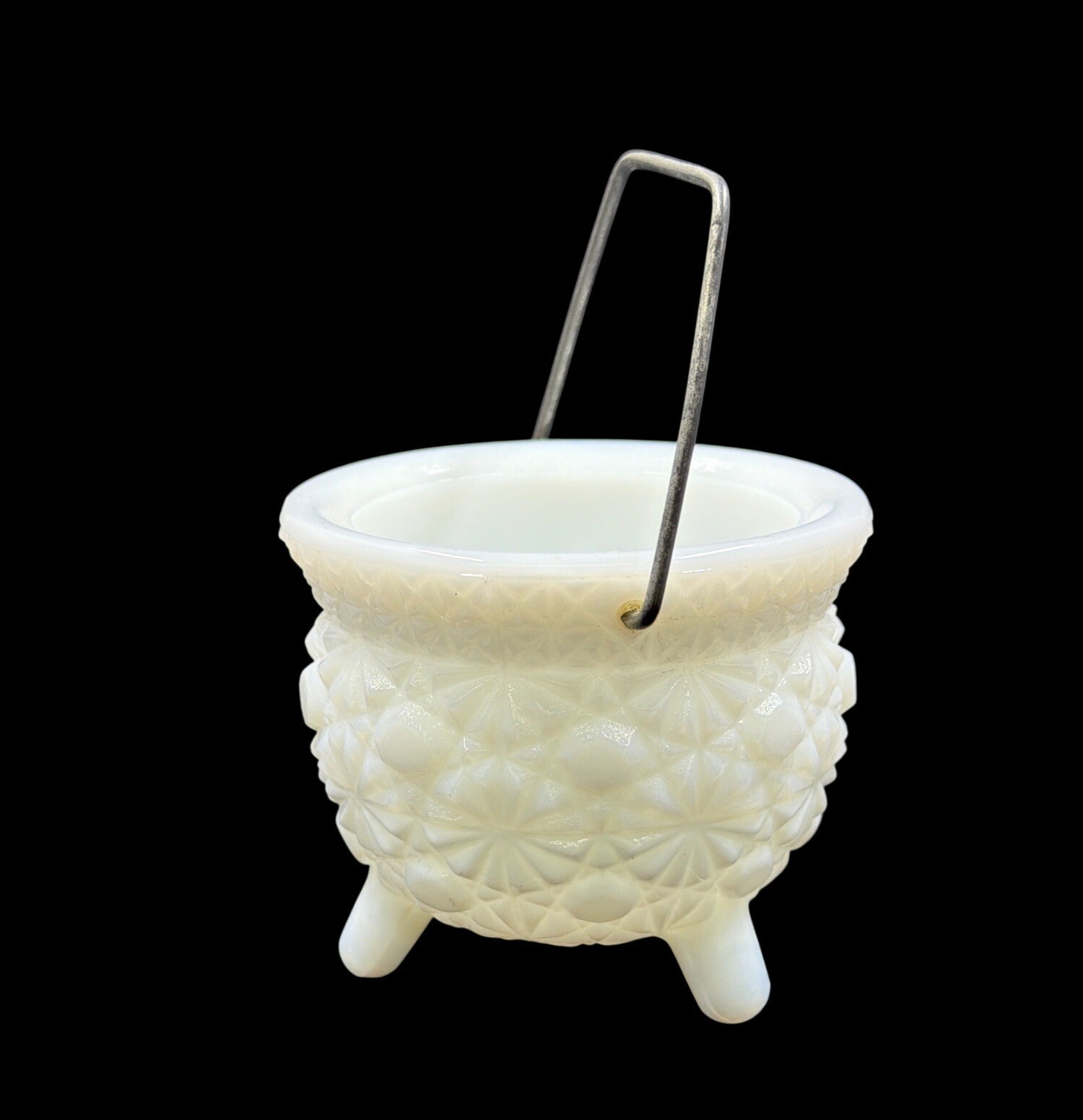 Vintage Milk Glass Toothpick Holder Bucket Daisy Button 3 Footed w/ Handle