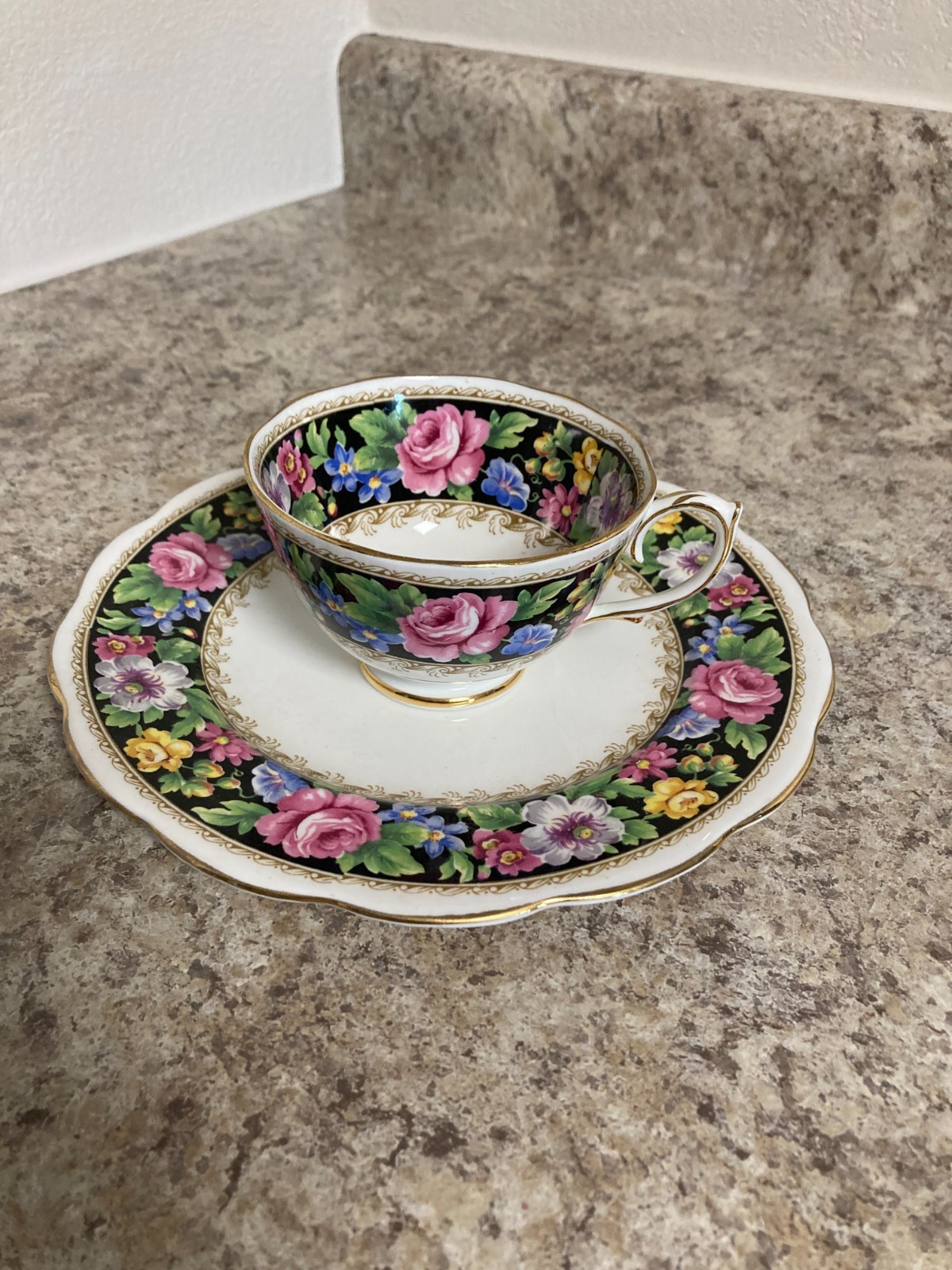 Vintage Roslyn Fine Bone China Black Velvet Floral Teacup & Saucer England 8555 Vintage Roslyn Fine Bone China Black Velvet Floral Teacup & Saucer England 8555