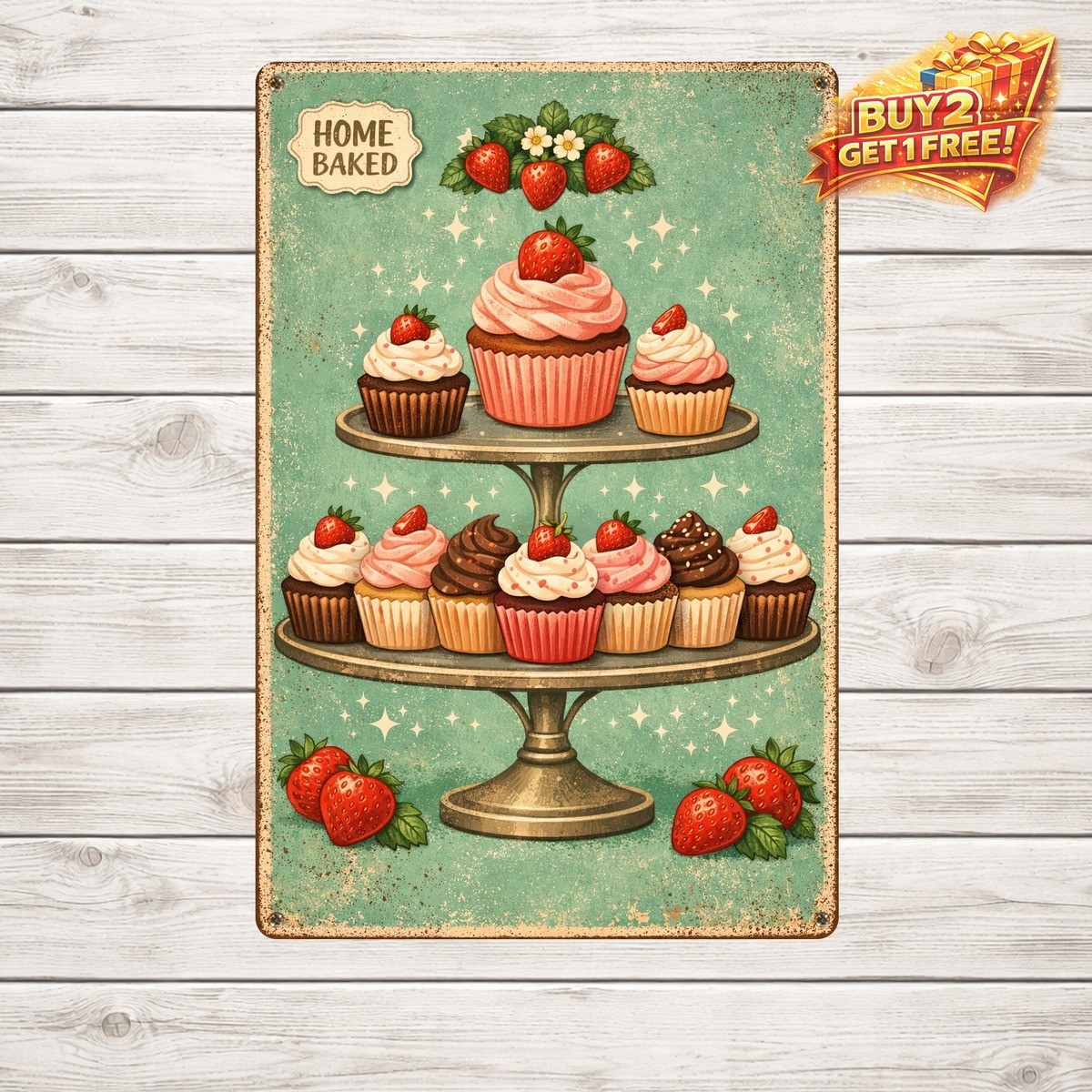 Strawberry Cake Metal Sign 8x12 Vintage Style Rustic Bakery Wall Decor