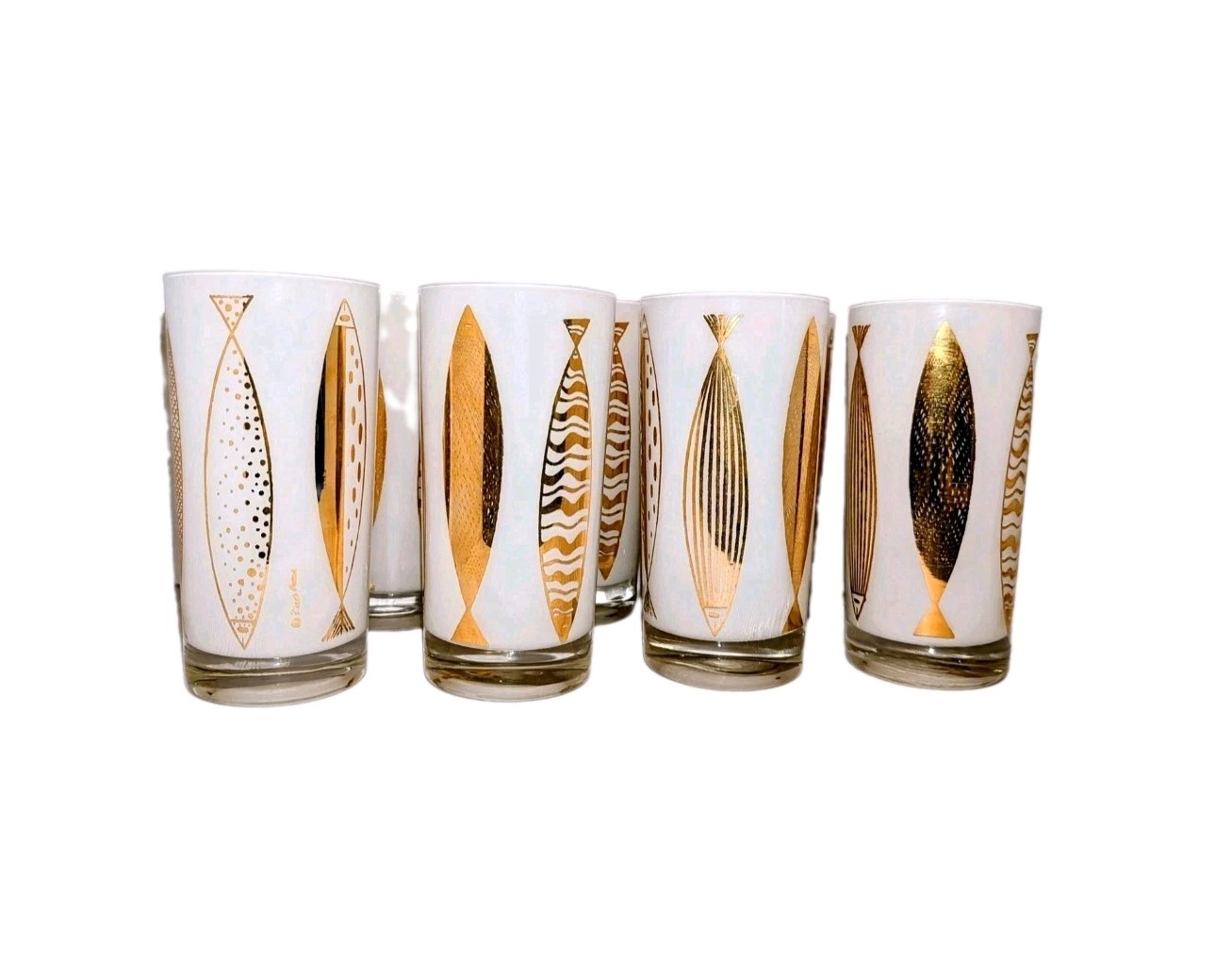 x8 MINT Fred Press Vtg Atomic Fish Glass Set White & Gold MCM Highball Glasses
