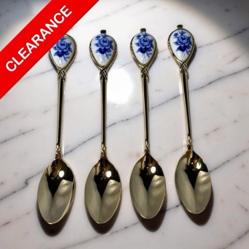 NEW 4X Gold Tone Demitasse Spoons Blue Floral Porcelain Medallion Made In JAPAN