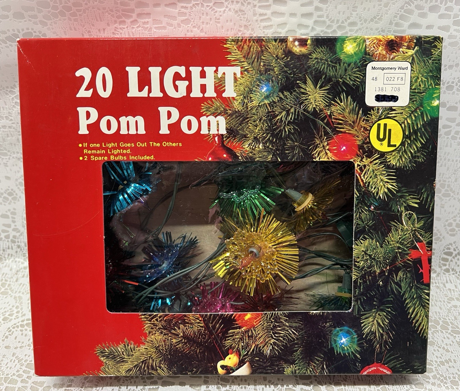 Vintage Montgomery Ward 20 Pom Pom Christmas Tinsel-Lights in Box Tested WORK Vintage Montgomery Ward 20 Pom Pom Christmas Tinsel-Lights in Box Tested WORK