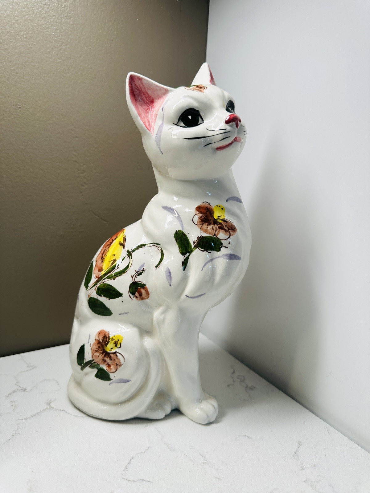 Vintage 1950s NORLEANS Japan Hand Painted Fanciful Floral Cat 12 Inches Statue