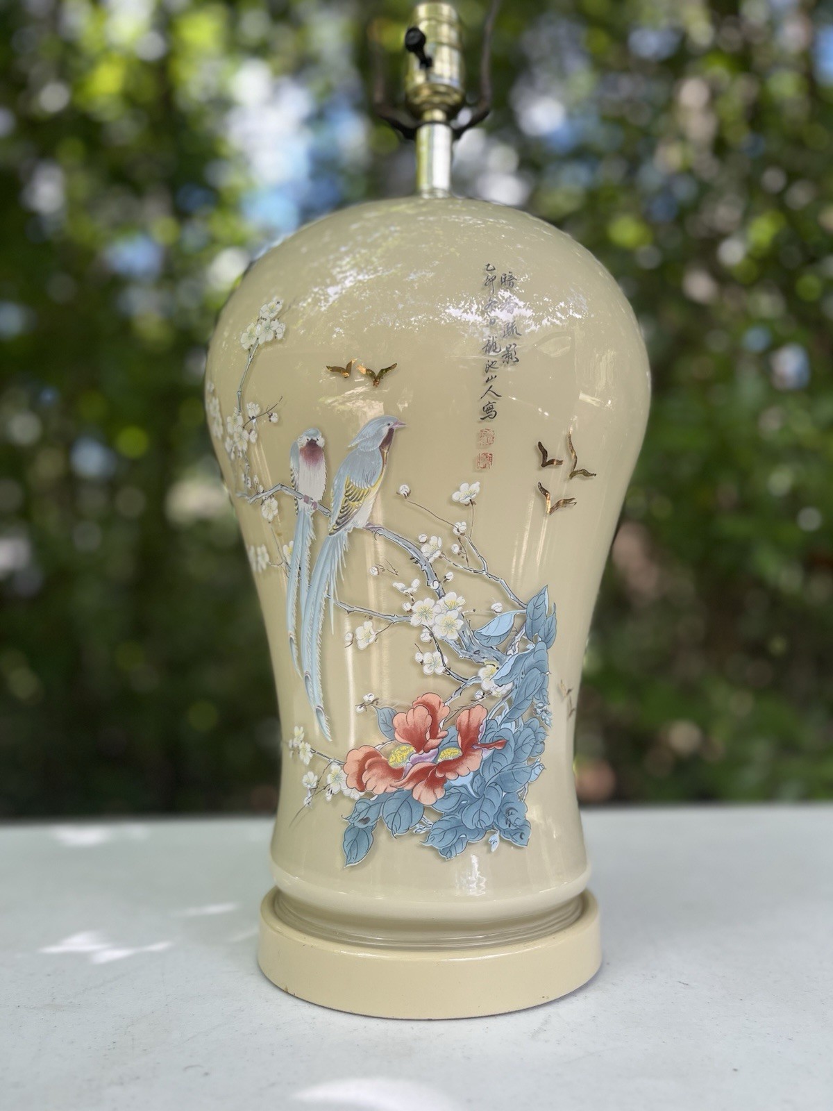 Vintage Chinese Export Porcelain Bird & Flower Table Lamp Moriage Calligraphy