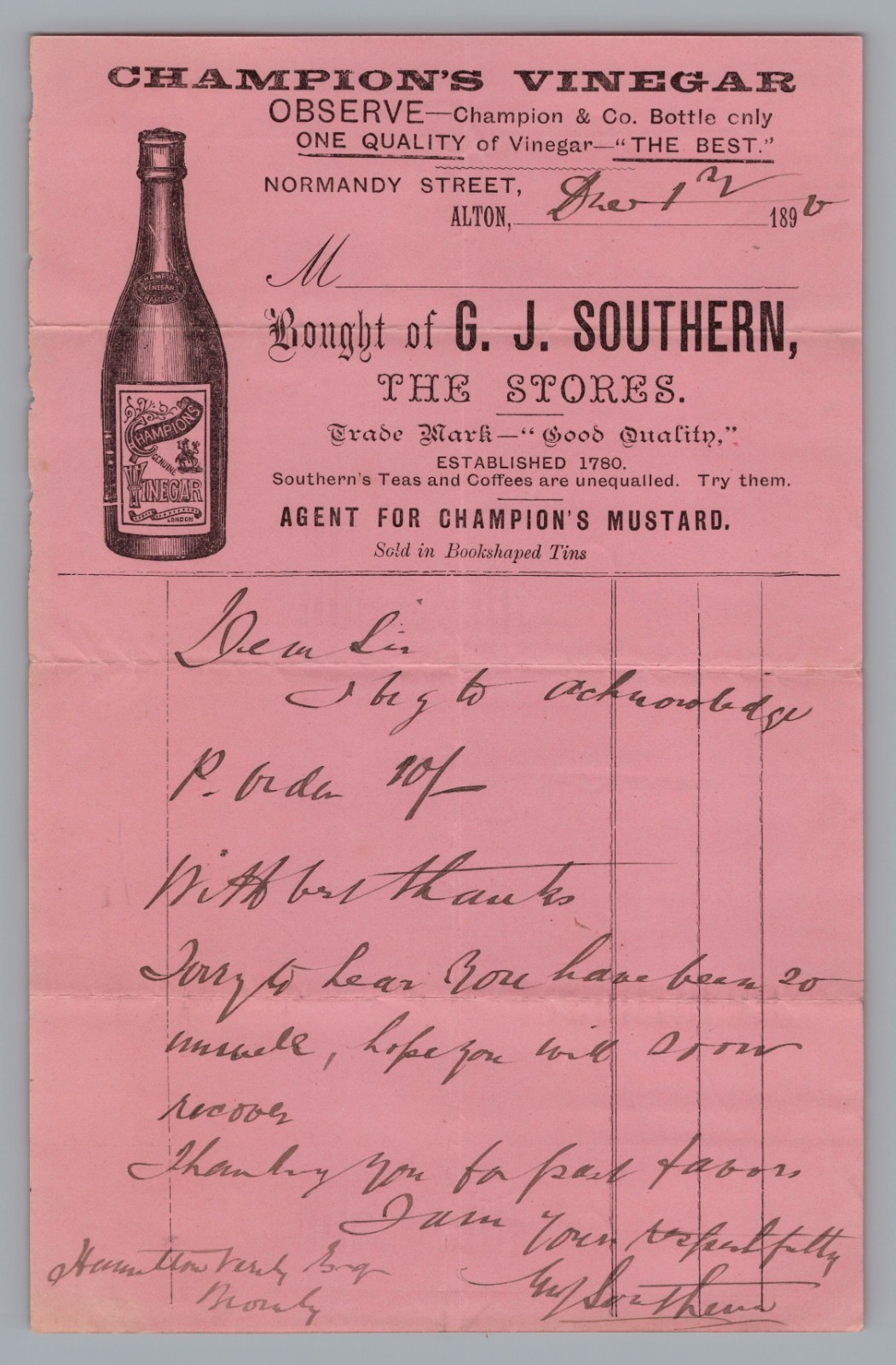 Vintage 1880s Billhead Receipt G J Southern Grocer Alton UK Champion Vinegar