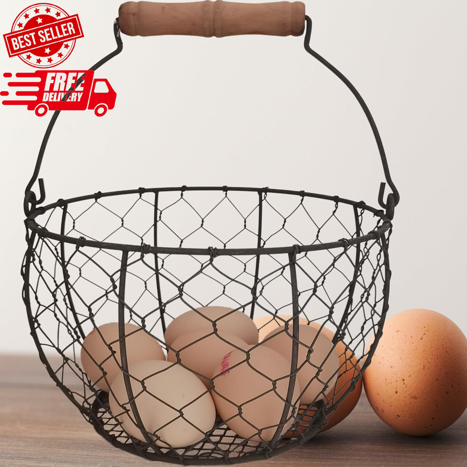 Farmhouse Wire Egg Basket for Gathering Fresh Eggs with Handle, round Metal Egg