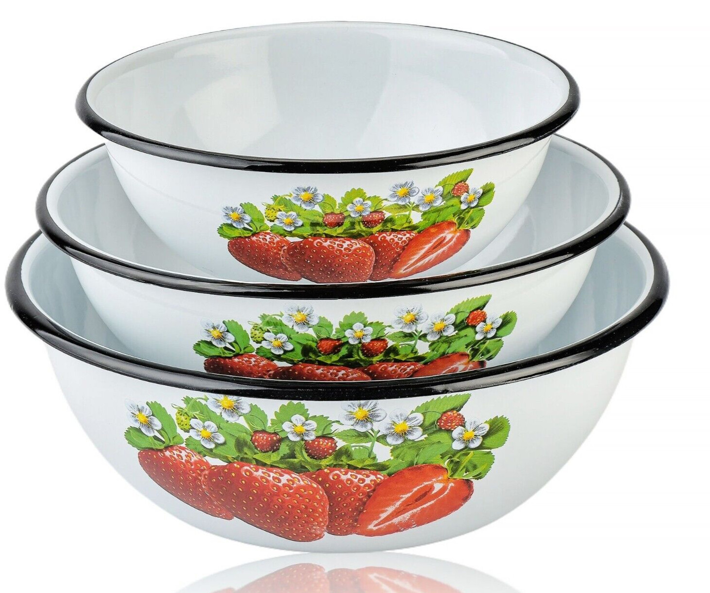 Novomoskovsk Strawberry Enamel Bowl Set of 3 Mixing Bowl [1.6qt,2.7qt,4.2qt]