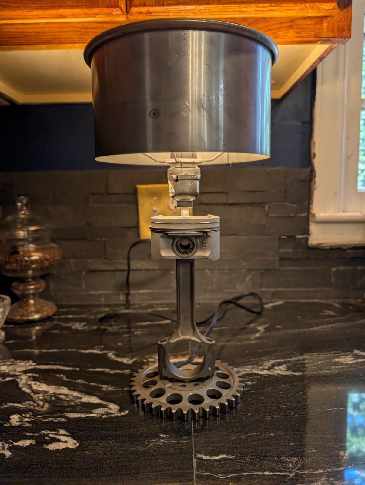 Custom Automotive Lamp – Handcrafted from a Piston with Timing Gear Base
