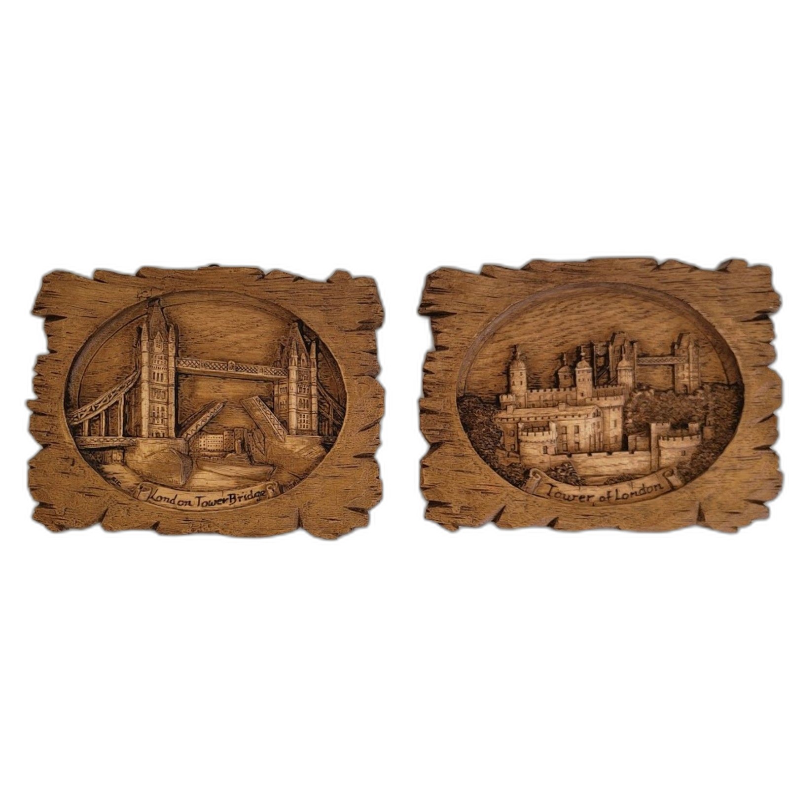 Vintage London Tower Bridge Tower of London Hand Carved Wood Plaques Set 7x5 M33