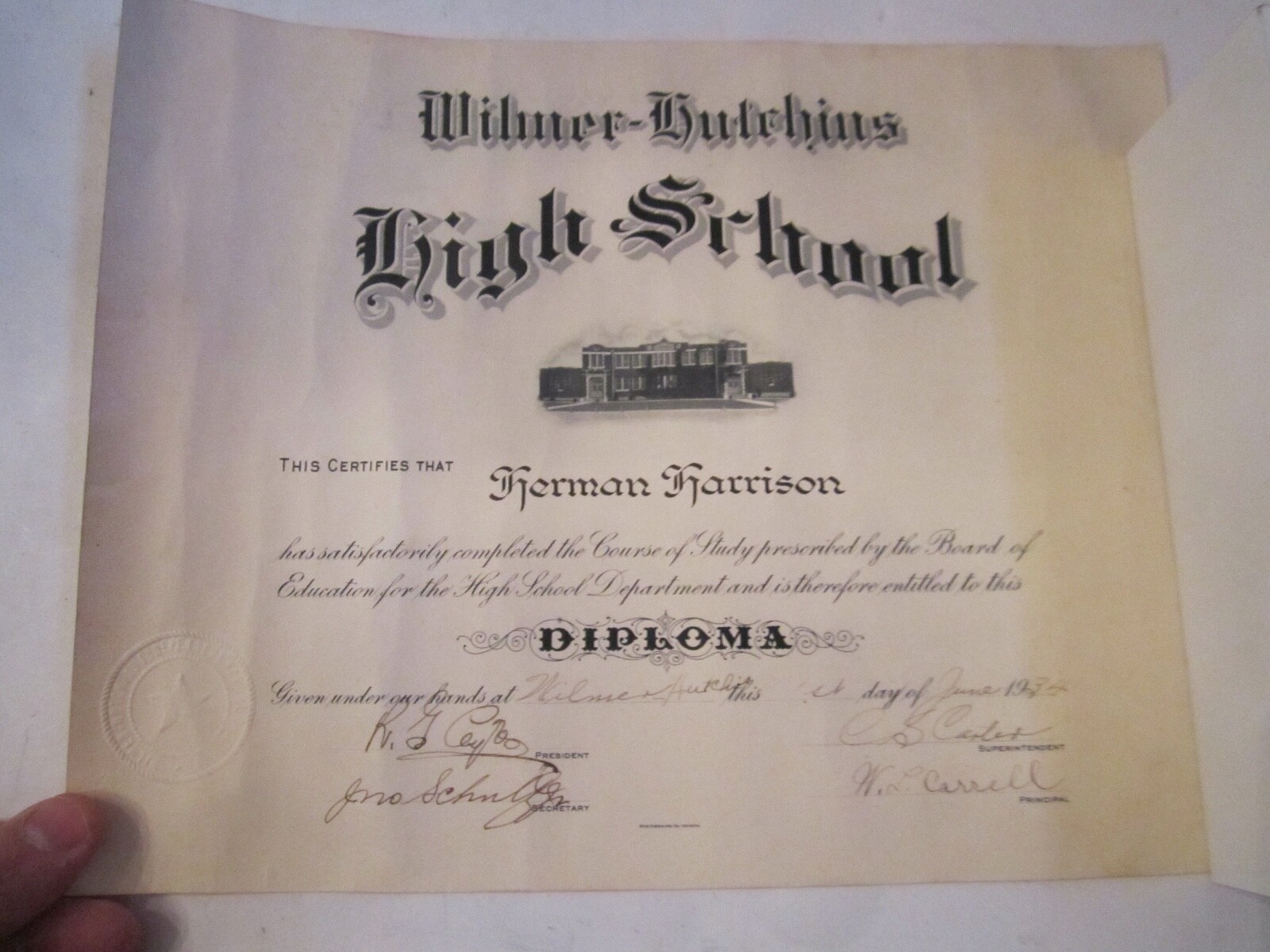 1934 WILMER-HUTCHINS HIGH SCHOOL DIPLOMA CERTIFICATE  - WD