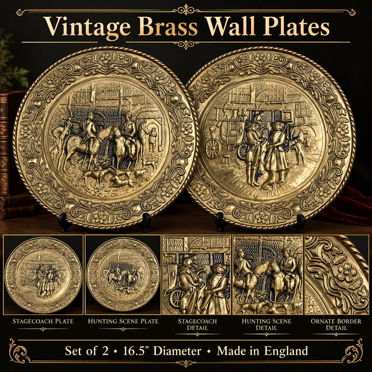 Vintage Set 2 Embossed Brass Wall Plates Hunting Stagecoach 16.5\