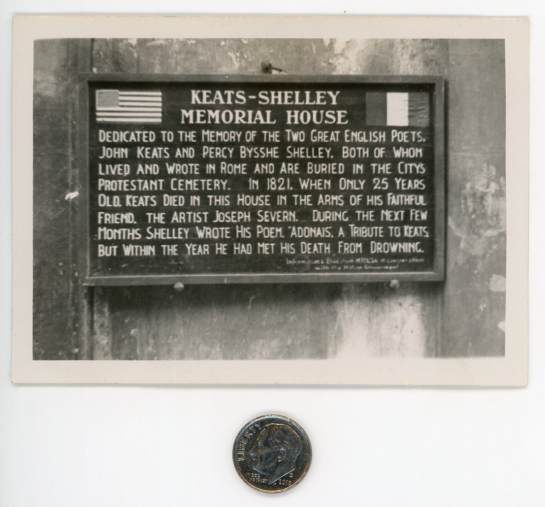 Vintage 1930\'s B&W photo / KEATS - SHELLEY Memorial House - ADONAIS Poem US Flag