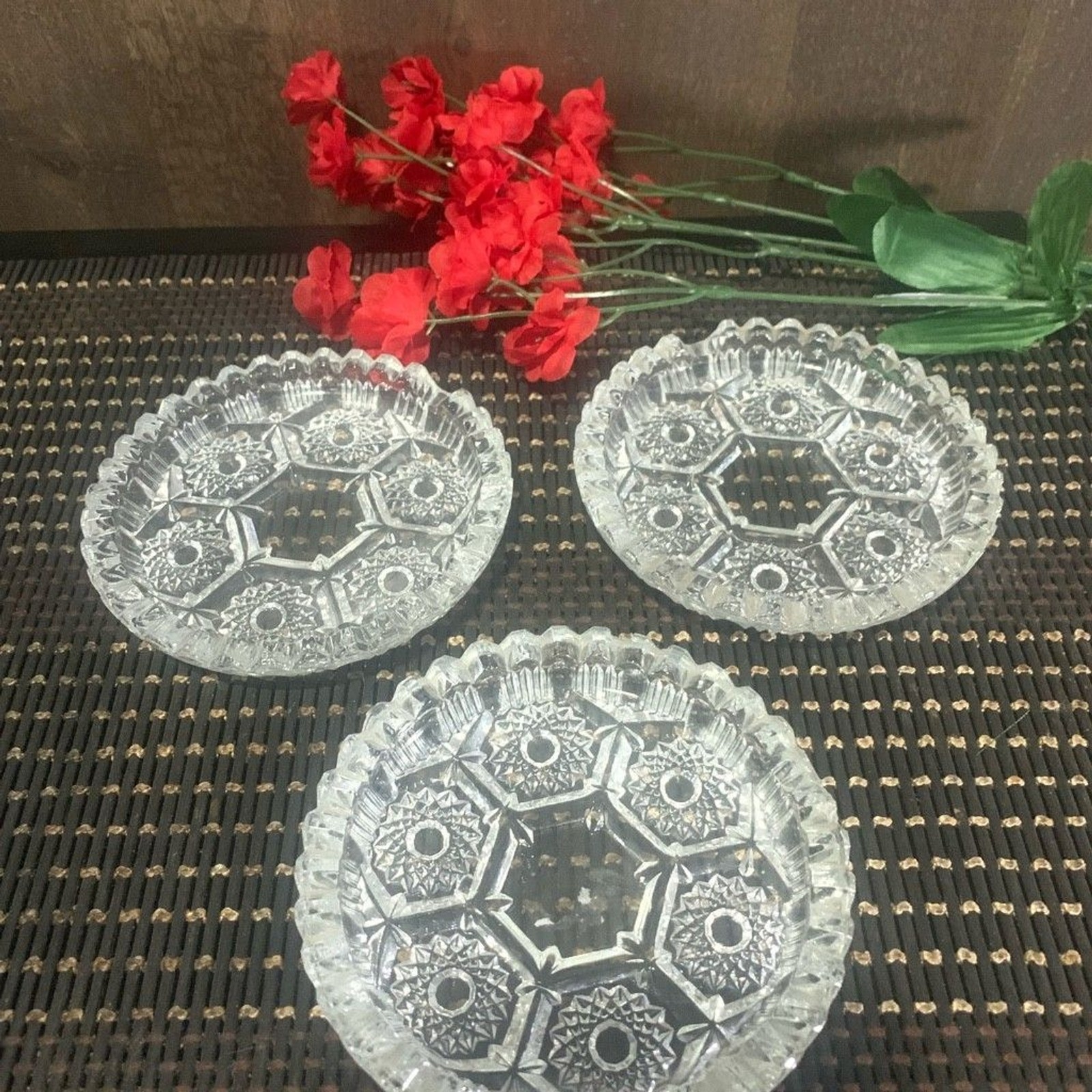 Set Of 3 Italian Glass Sawtooth Ashtray Trinket Dish  Coaster  Cut Crystal