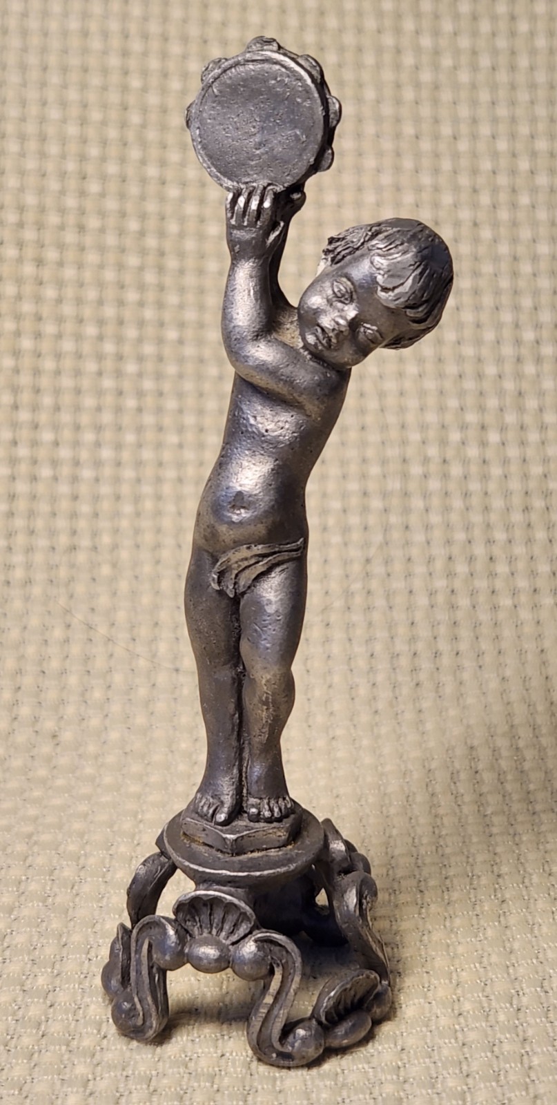 Vintage Cherub Angel W/Tambourine Pewter Rococo Revival Decor Figurine 4\