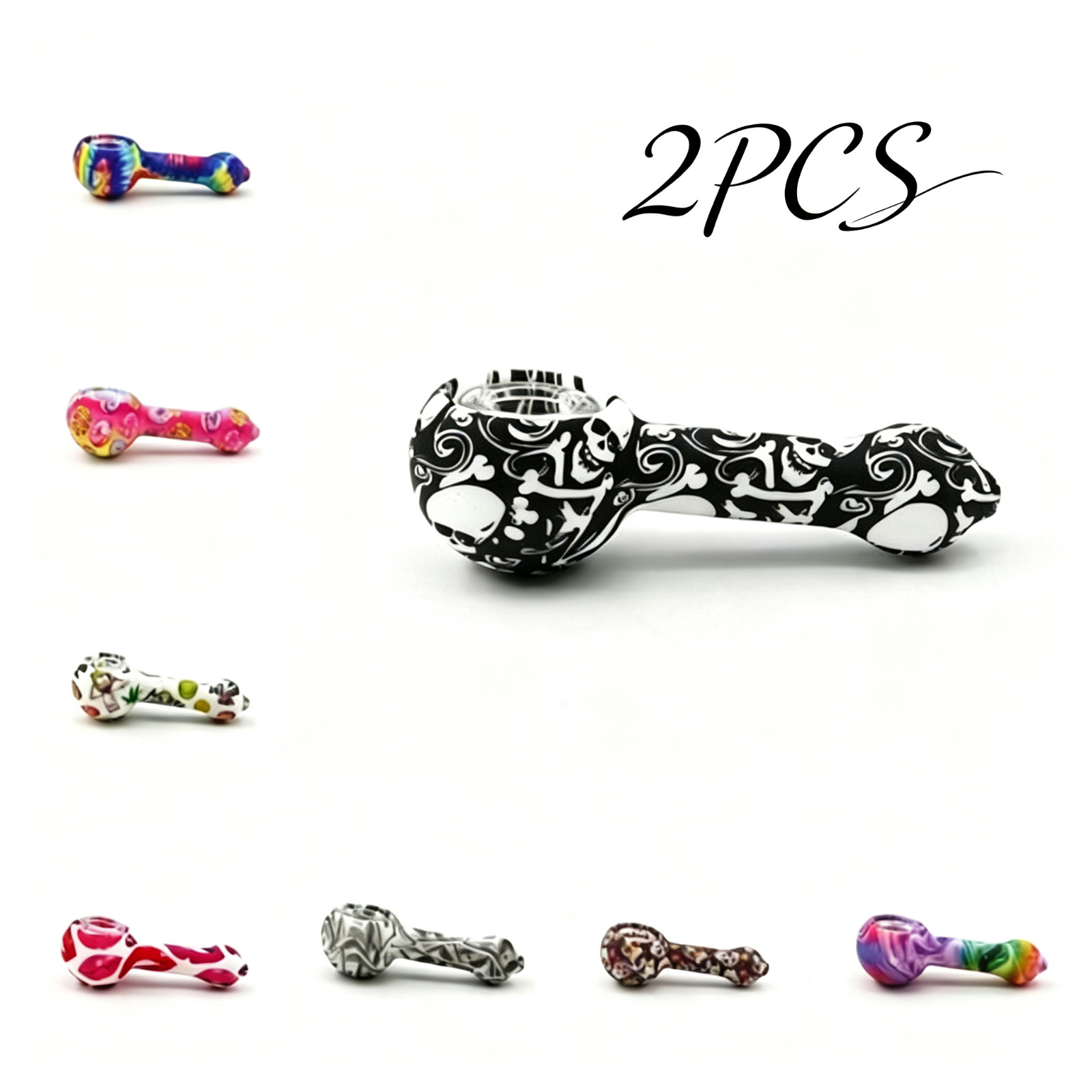 2PCS Hand Spoon Silicone Tobacco Pipe Random Print Portable With Glass Bowl