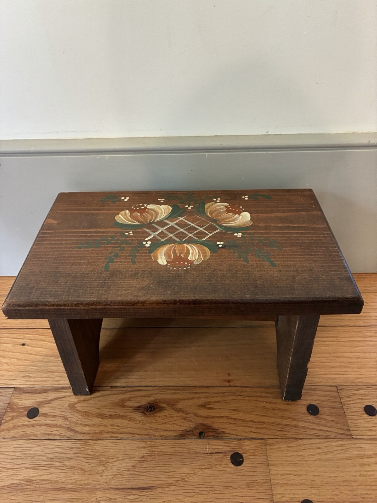 Vintage Hand Painted Wooden Step Stool Small Rustic Floral Folk Art Plant Stand