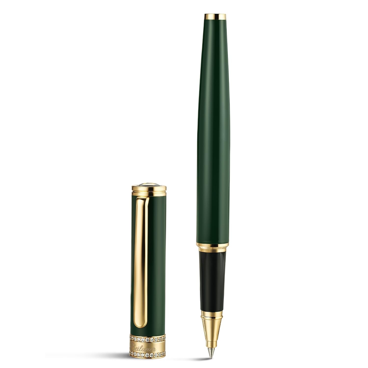 BEILUNER Green Lacquer Rollerball Pen, Diamond-Studded Cap, 24K Gold Trim BEILUNER Green Lacquer Rollerball Pen, Diamond-Studded Cap, 24K Gold Trim