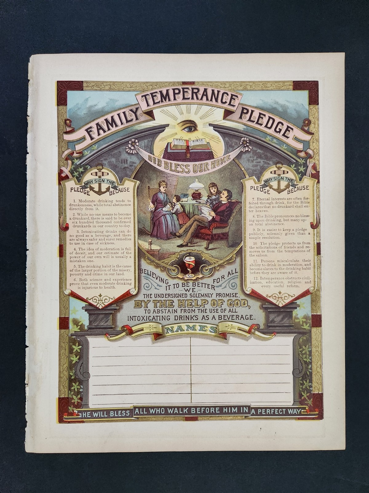 1880s antique bible TEMPERANCE FAMILY PLEDGE certificate PRINT ART illuminated